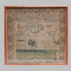 15-26176, Needlework sampler various animals neat rooster on fence by Catherine Sickels, age 10. $2,850