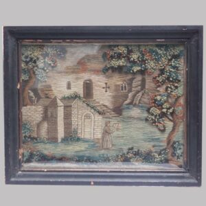 16-26356, Framed needlework and stump work, building and person holding book, Probably English. $900