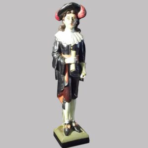 31-23015, Exceptional carved wood figure of a colonial gentleman, good detail, neat attire, pine later 19th century. $2,950
