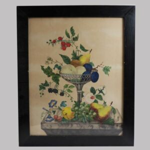 28-18490, Colorful theorem- watercolor on paper, compote of fruit, good detail, mid 19th century, probably New England. $3,850