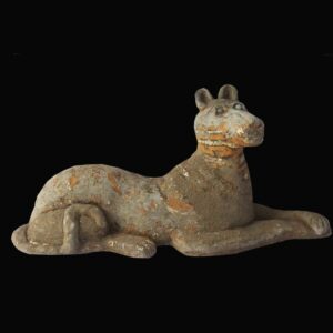Folky cement dog reclining with legs crossed, glass marble eyes, late 19th early 20th century, American, Mid West. $1,950