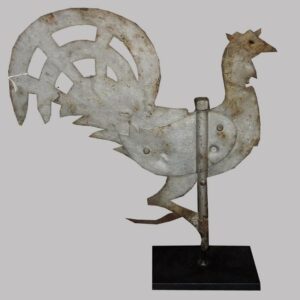 27-16806, Folky sheet iron rooster weathervane, old grey painted surface, Lancaster Co., PA, later 19th century. $1,950