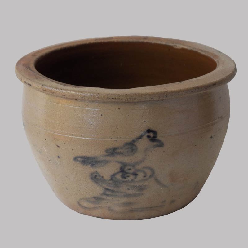 16-27237, Rare 1 gal. stoneware bowl/butter crock, cobalt blue bird on stump. $1,950
