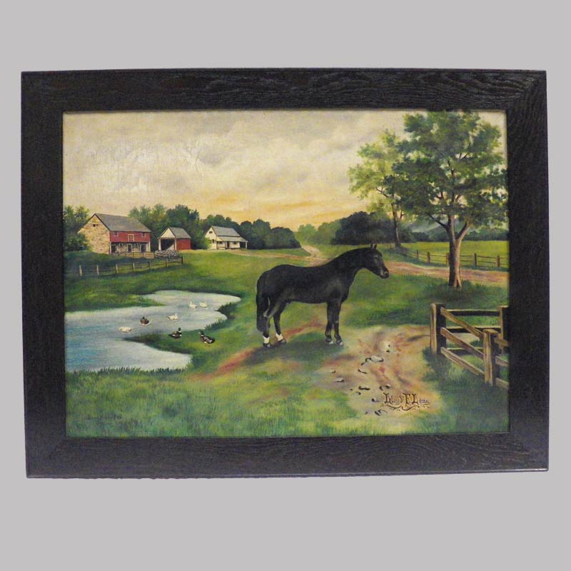 16-28182, Folk art painting on canvas, rural farm scene, prized black horse, by Ernest Hartenfield, 1915, tear repair. $2,450