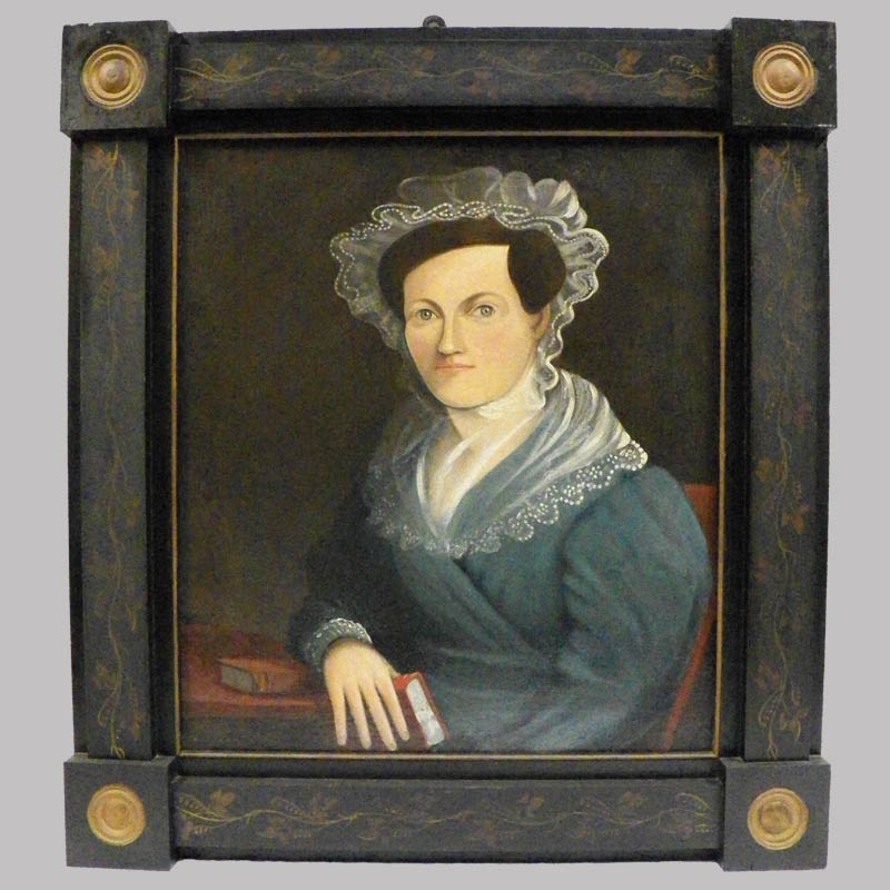28-18972, Exceptional paint decorated frame, portrait on canvas of women, Probably NJ. $7,500