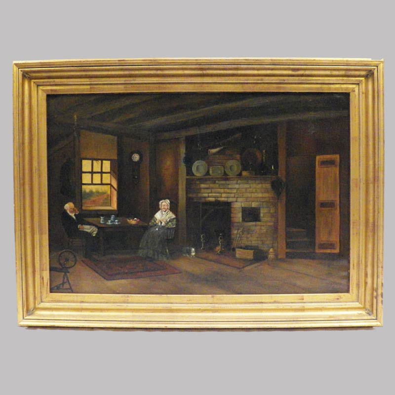 24-12744, Large painting on canvas, interior scene lady and gentleman by fireplace, early 19th century. $2,250