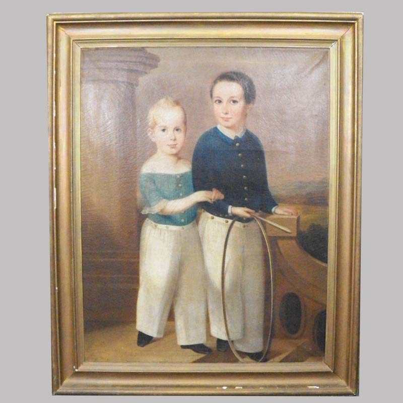 16-27769, Large folk art painting on canvas full body portrait of two children, Allentown PA, Ca. 1850, untouched, has tear. $2,450