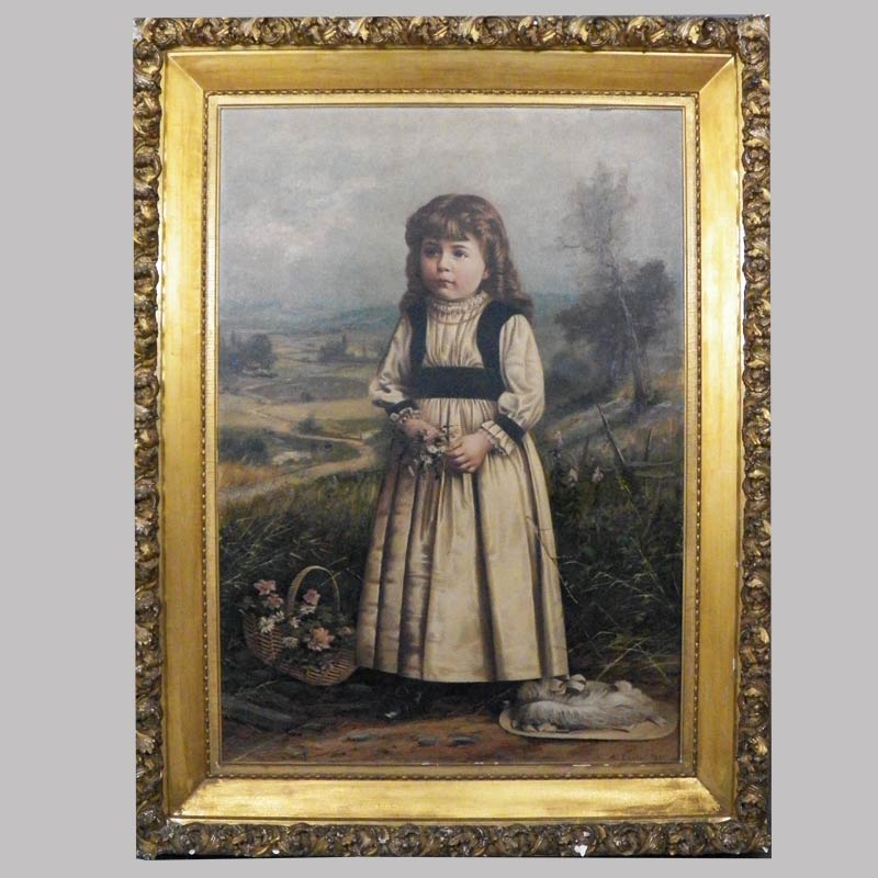 16-27658, Large painting on canvas full length portrait of a young girl with basket of flowers, by A. Gable 1891. $2,450