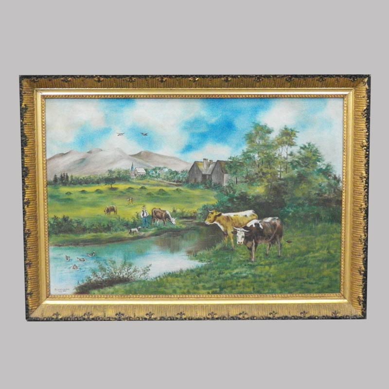 15-25331, Folky painting on canvas colorful rural farm scene, by Ernest Hartenfield, 1910, Lehigh Co., PA. $5,750
